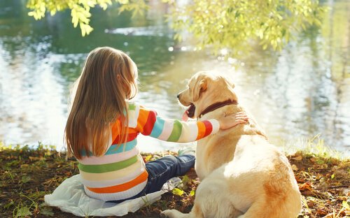 göl kenarında oturan çocuk ve köpeği