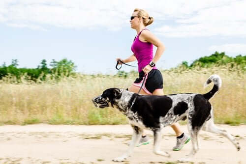 Köpeği ile koşuya çıkmış bir kadın.
