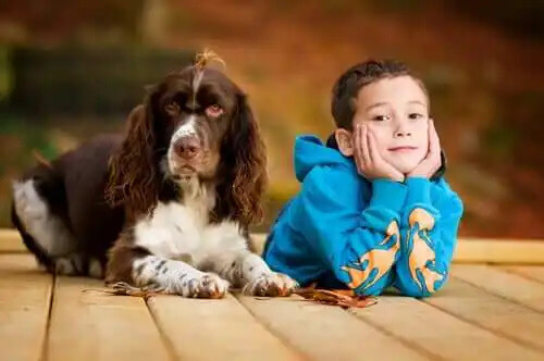 yan yana yatan köpek ve çocuk