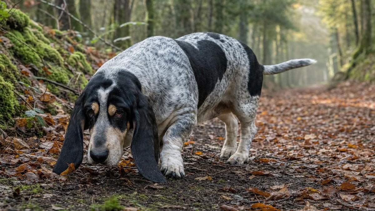 Orman yolunda yaprakların kokusunu izleyen Blue Gascony Basset