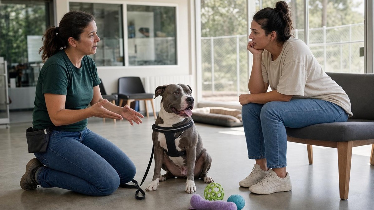 Bir köpek eğitmeni, barınakta pitbullun yanında oturan kadınla sorumlu sahiplenme hakkında konuşuyor