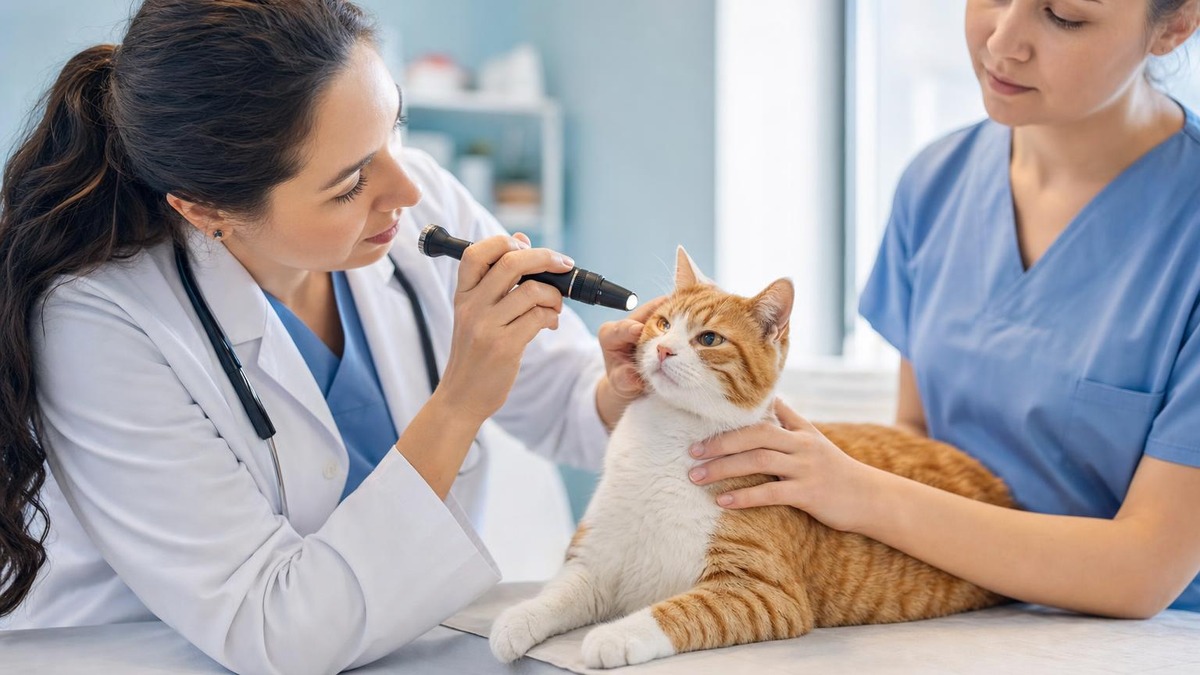 Veteriner klinikte turuncu beyaz bir kedinin gözünü oftalmoskopla muayene ediyor
