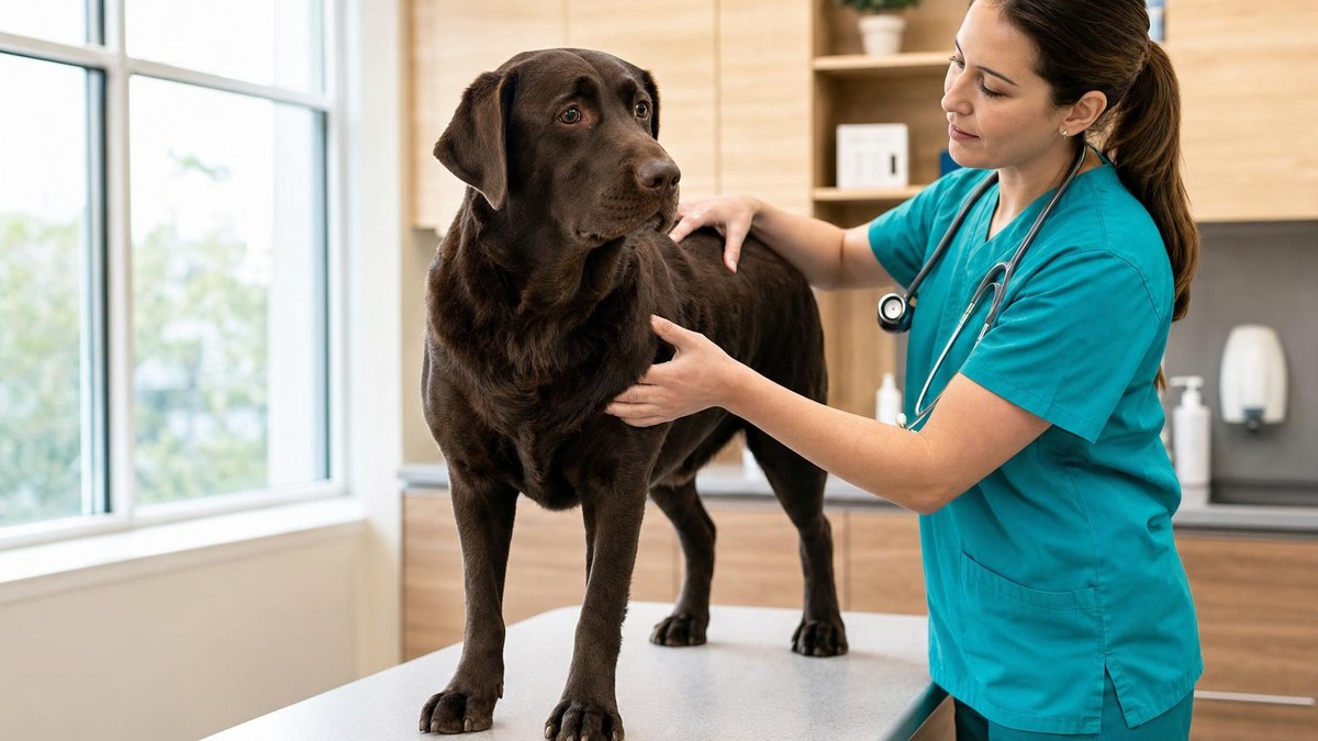 Veterinerin muayene ettiği yetişkin çikolata renkli Labrador Retriever