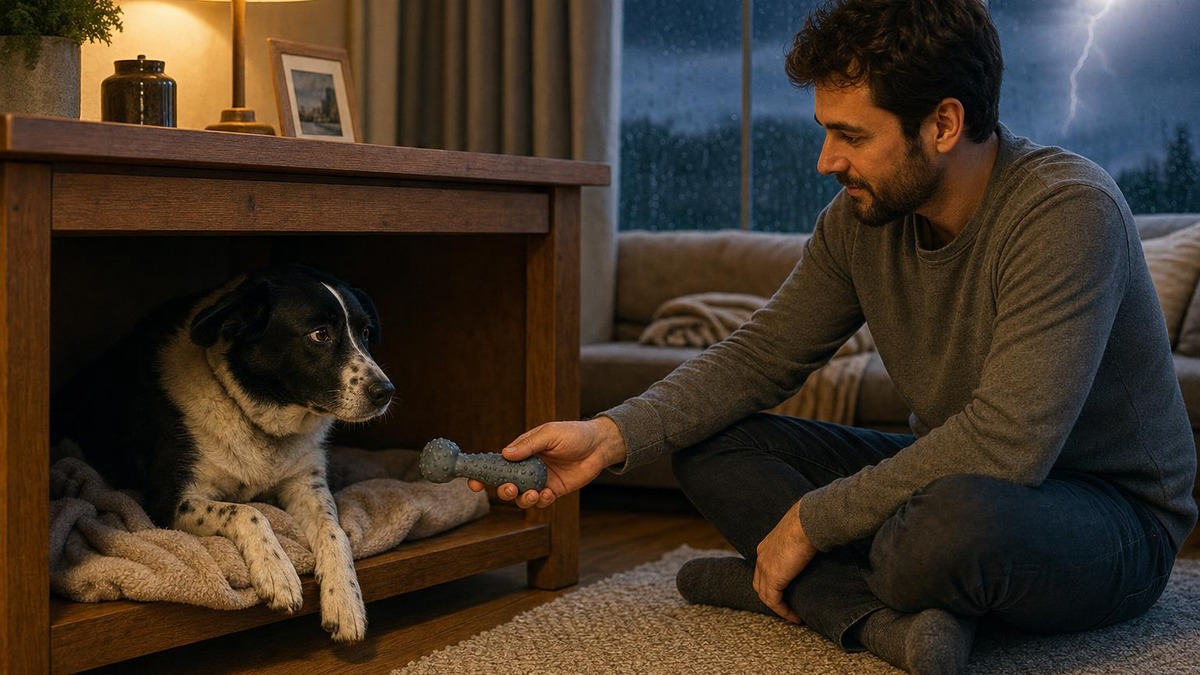 Fırtına sırasında masa altındaki güvenli alanında dinlenen köpeğe sakin biçimde oyuncak uzatan sahibi